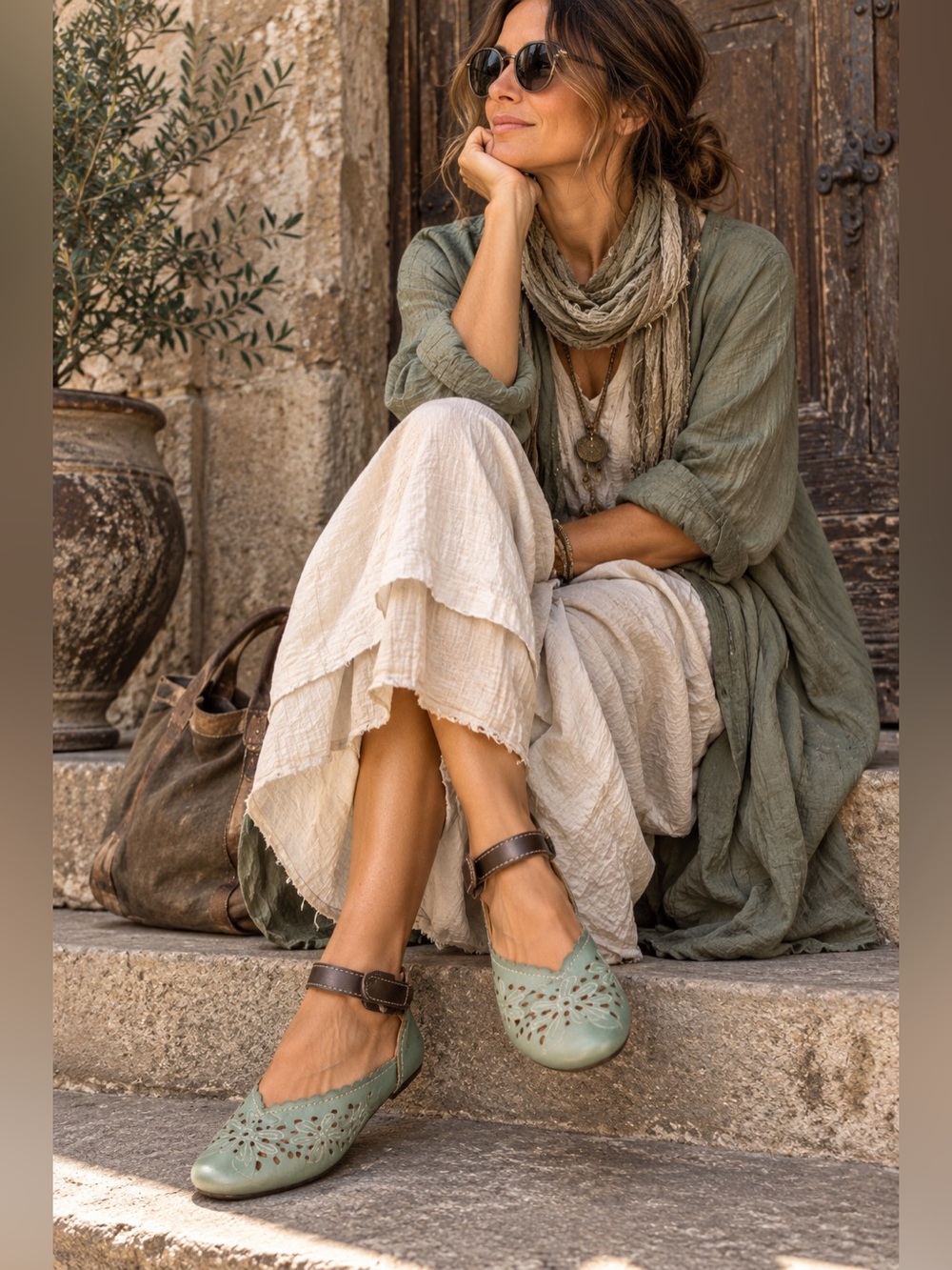 Earth Sage Green Size 6B Leather Floral Cutout Mary Jane Flats Boho Lagenlook